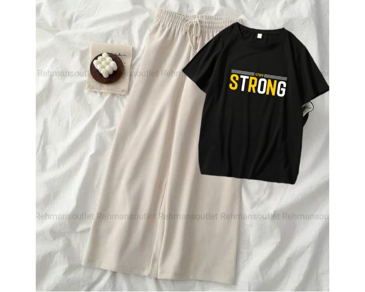 Black tee with stay strong skin flapper