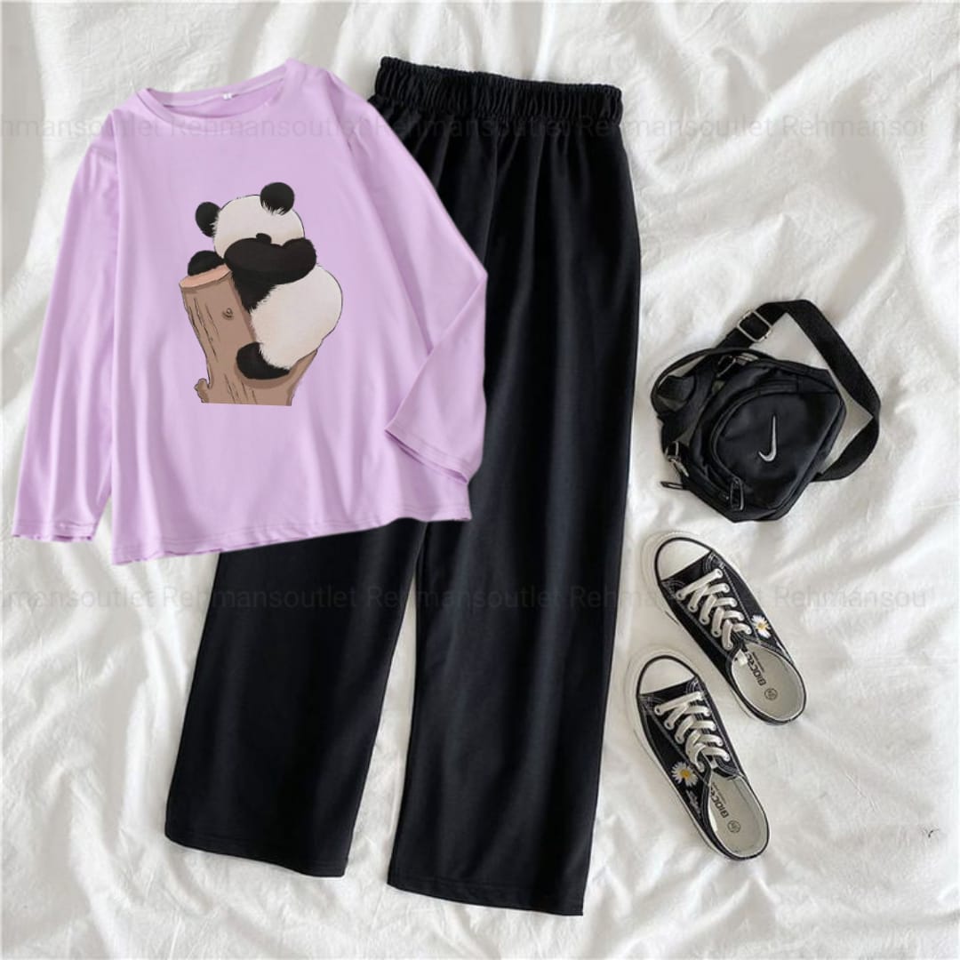 Lilac full tee with panda sleeping on trees black flapper