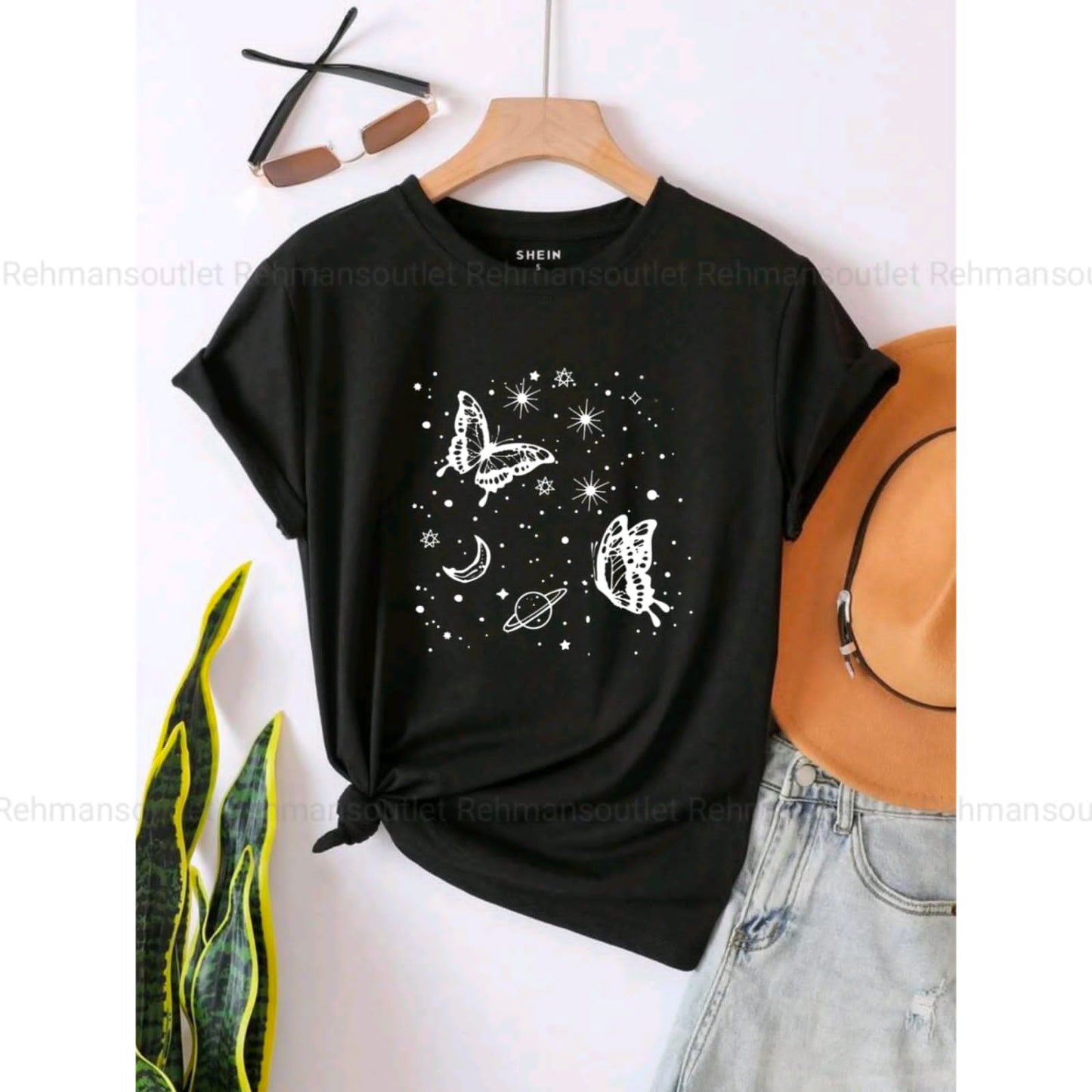 black tee with saturn butterfly