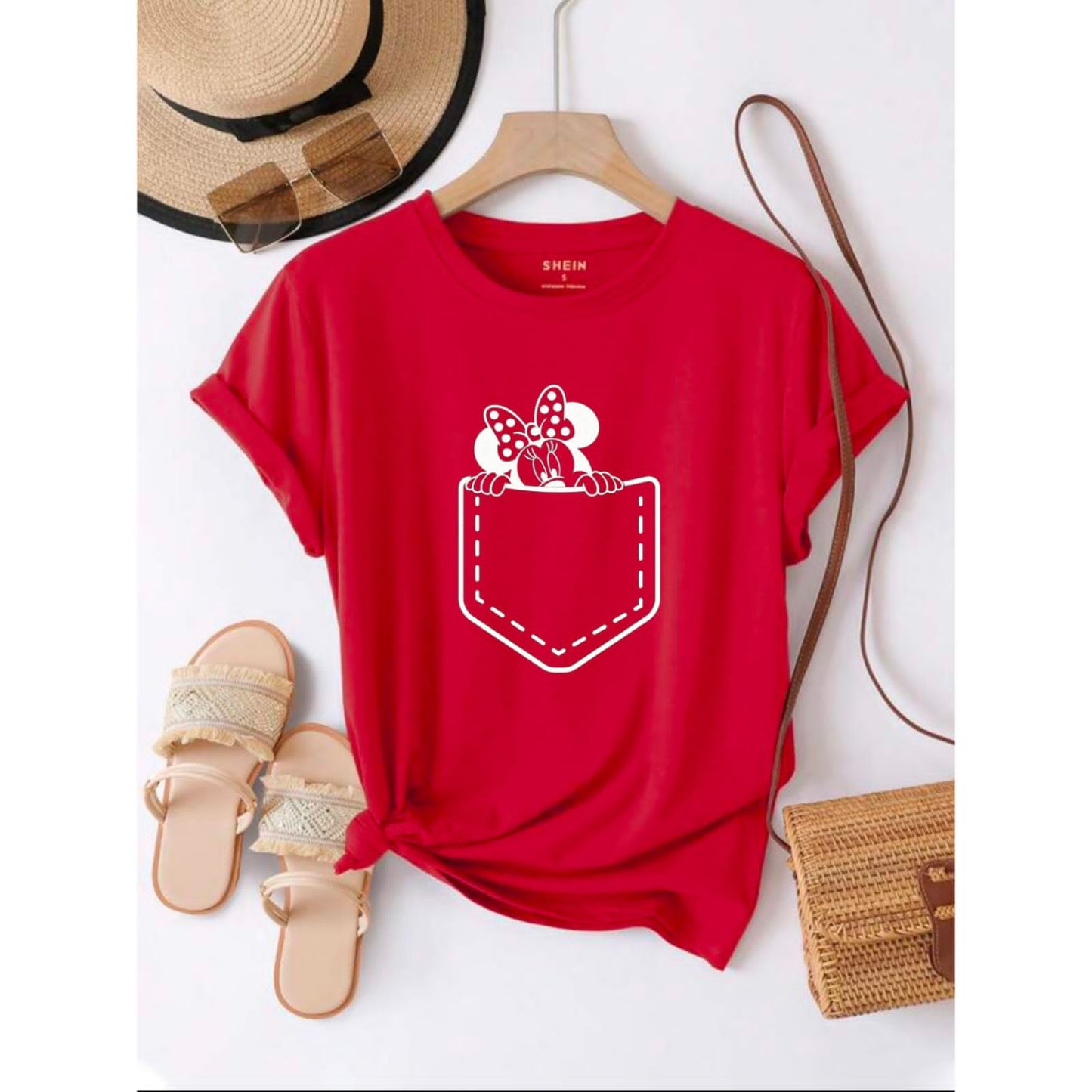 red tee with micky box
