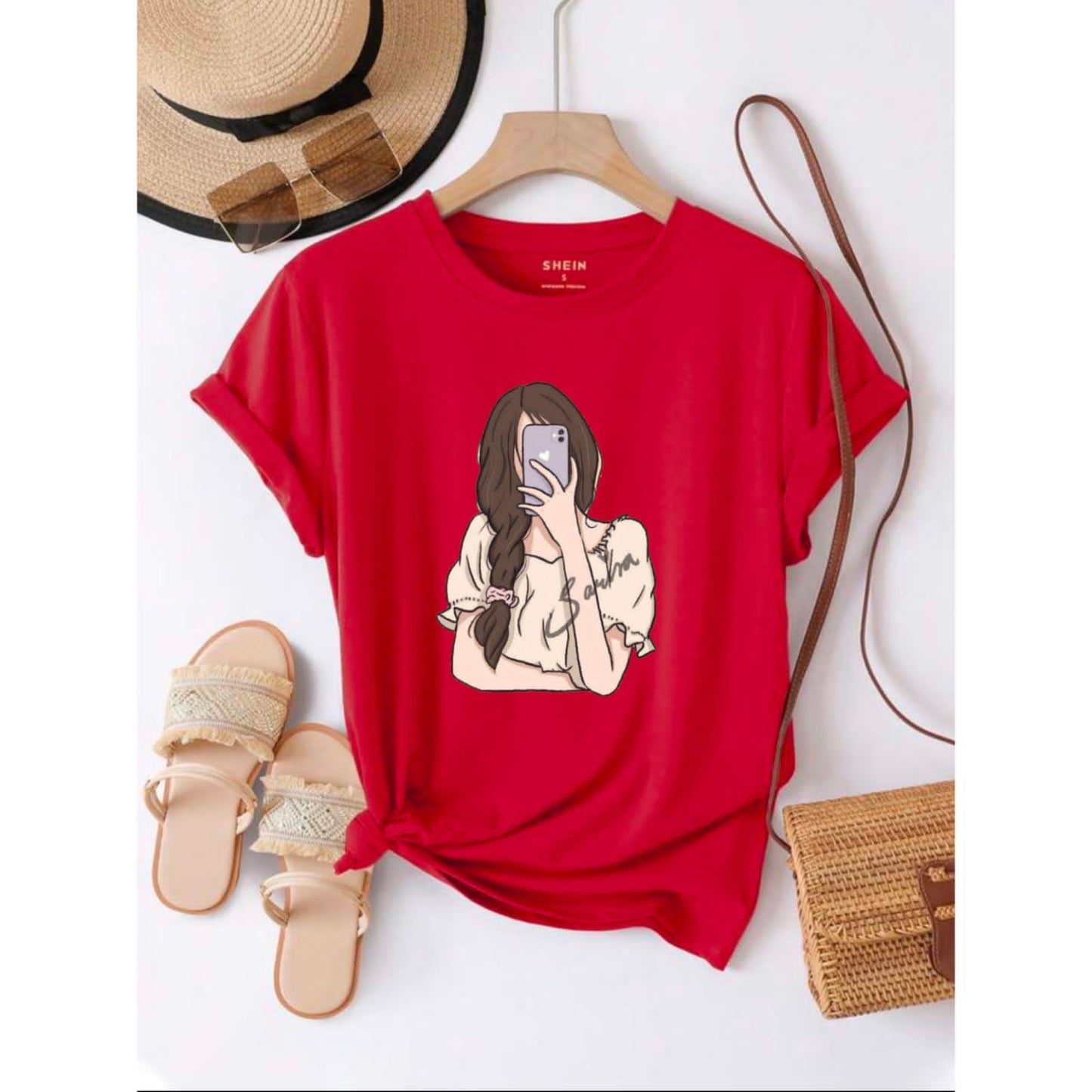 red tee with selfie girl iphone