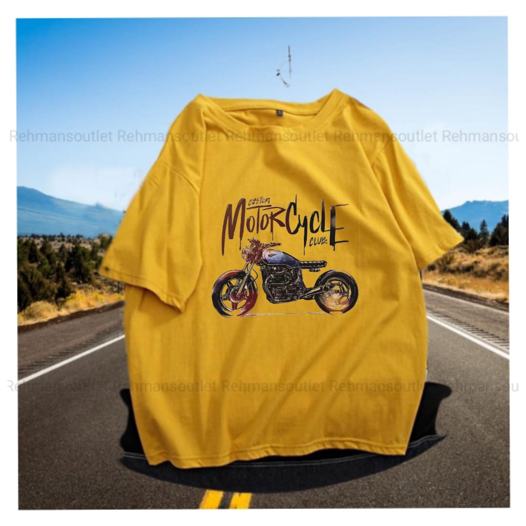 yellow drop shoulder tee with motorcycle