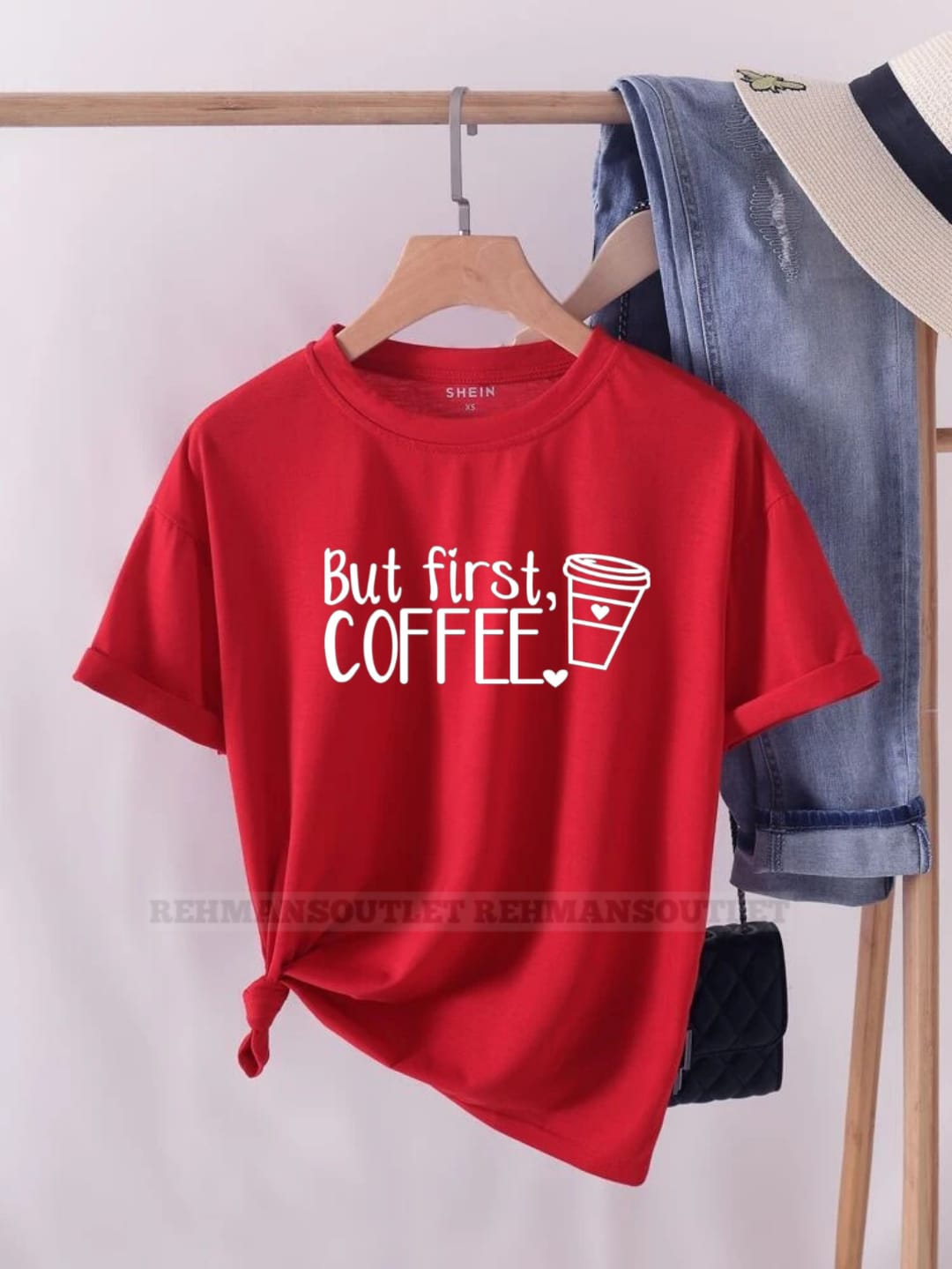 red tee with but first coffee
