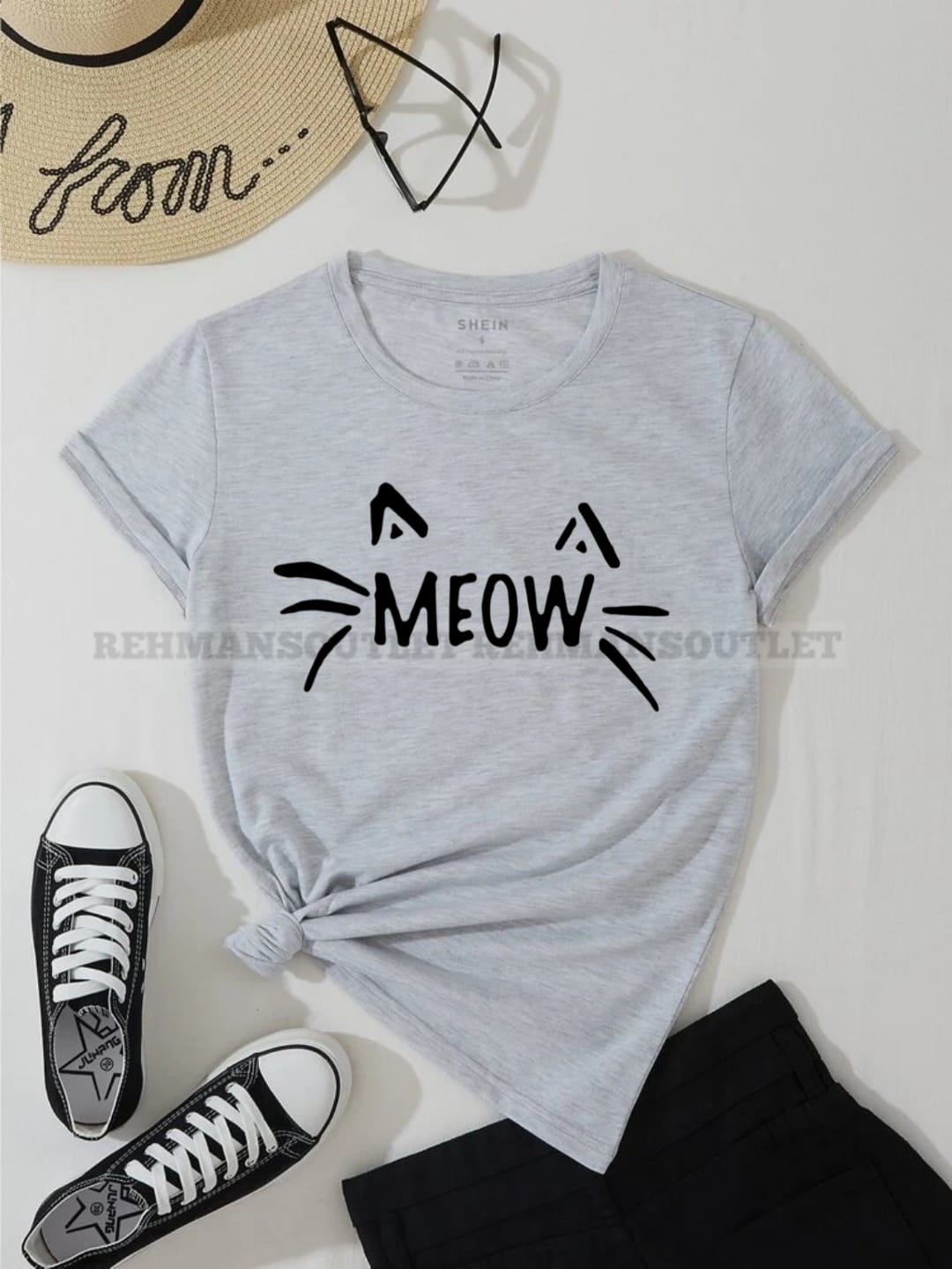 grey tee with meow