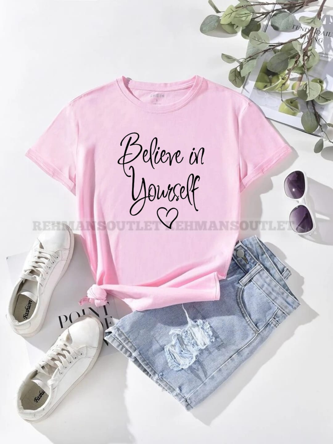 pink tee with believe in yourself