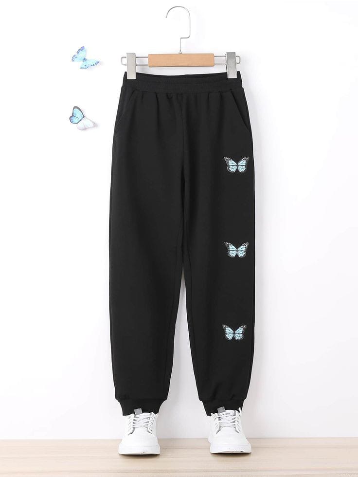 black trouser blue butterflies