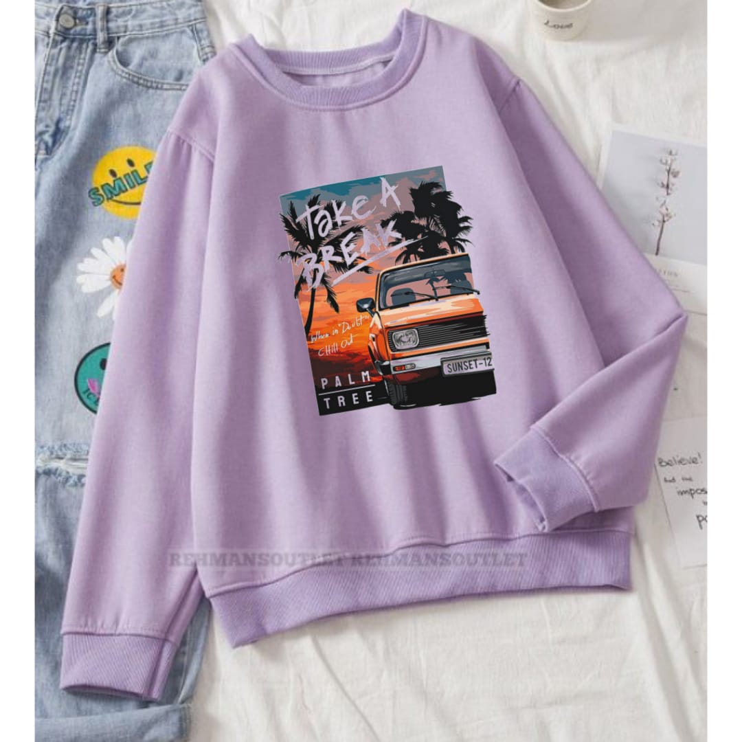 lilac sweatshirt with take a break car
