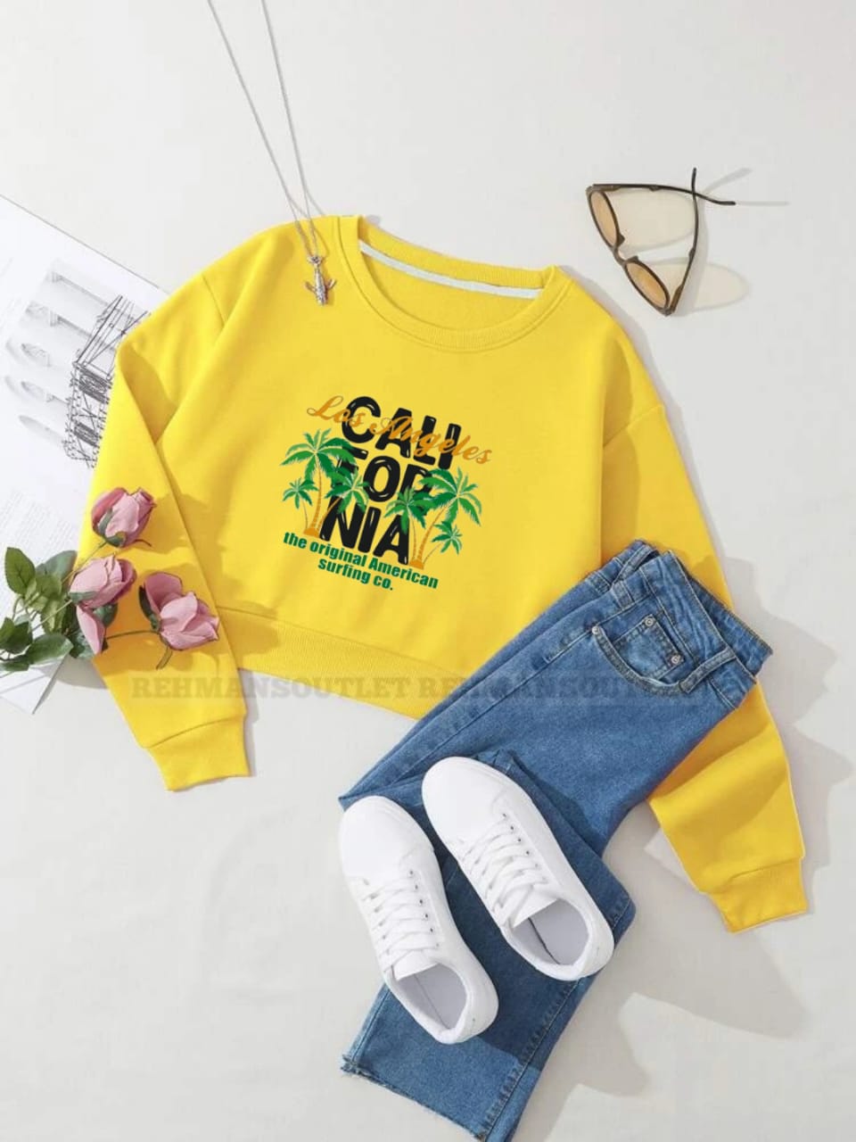 yellow sweatshirt with los angeles trees