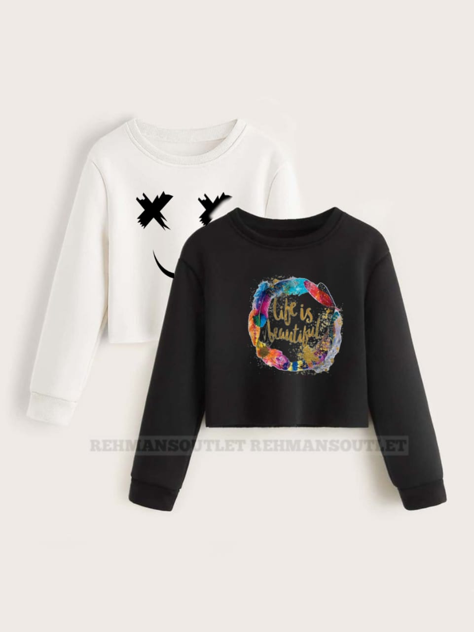 pack of 2 sweatshirt white with marshmallow text and black with life is beautiful