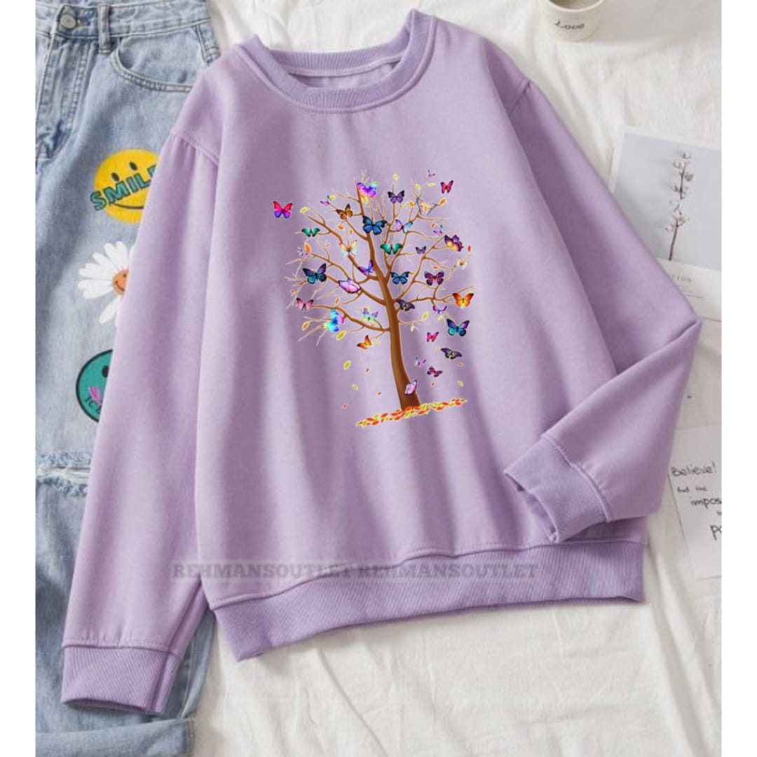 lilac sweatshirt with colourful tree