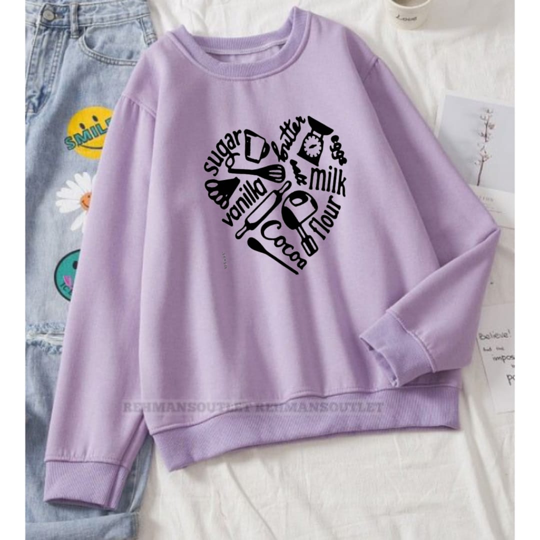 lilac sweatshirt with kitchen item