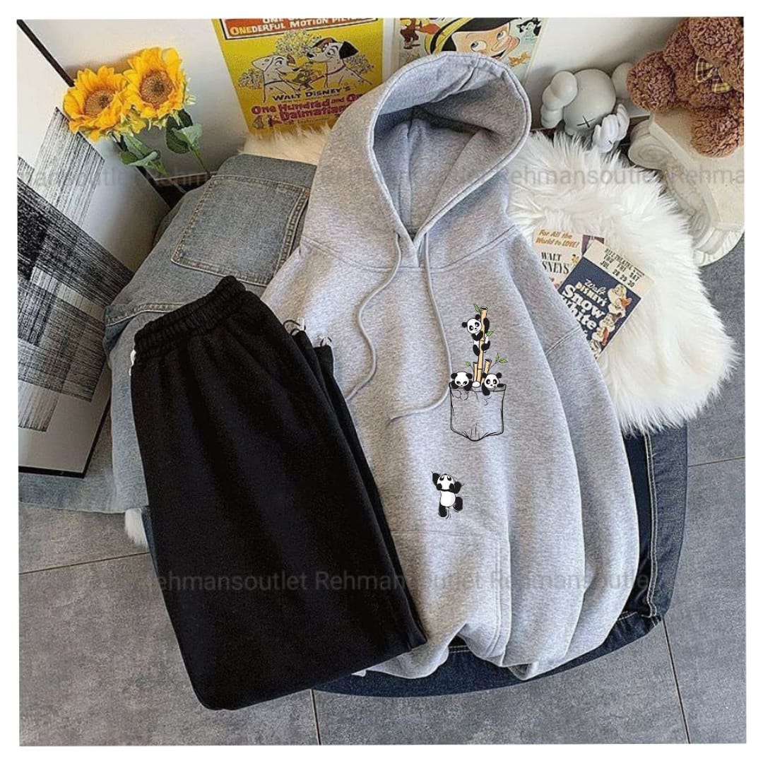 Grey hoodie with panda falling from trees and black trouser