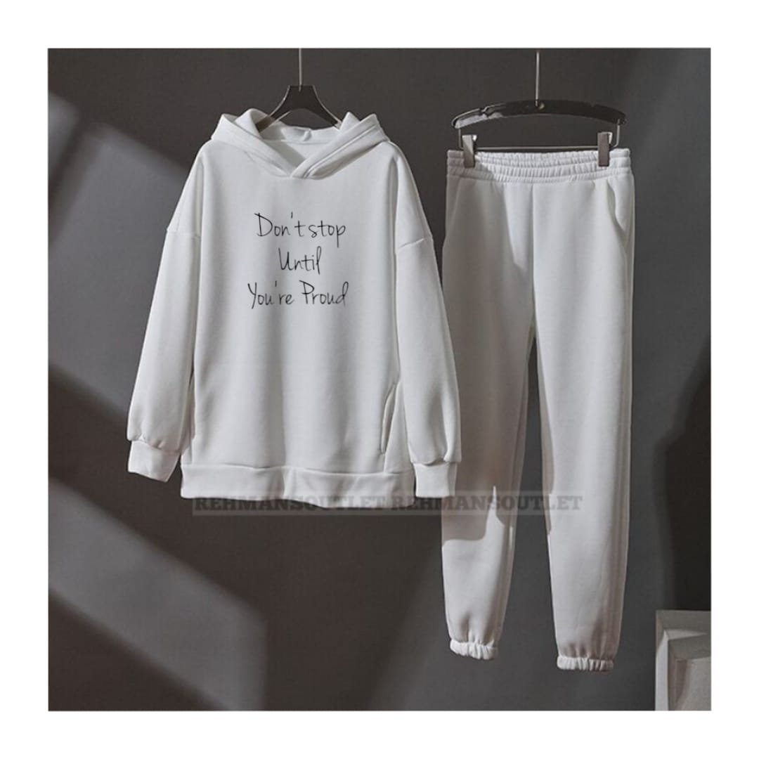 White hoodie with dont stop until you are proud and white trouser