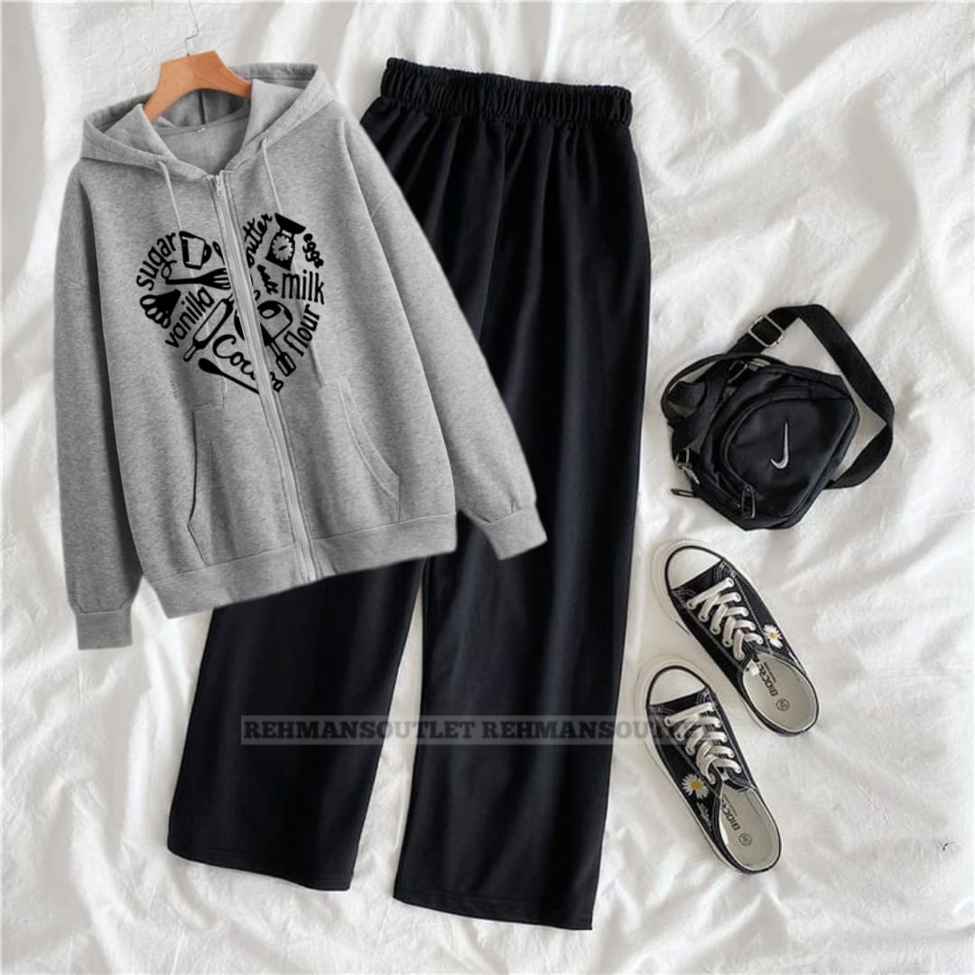 Grey zipper with kitchen items and black flapper