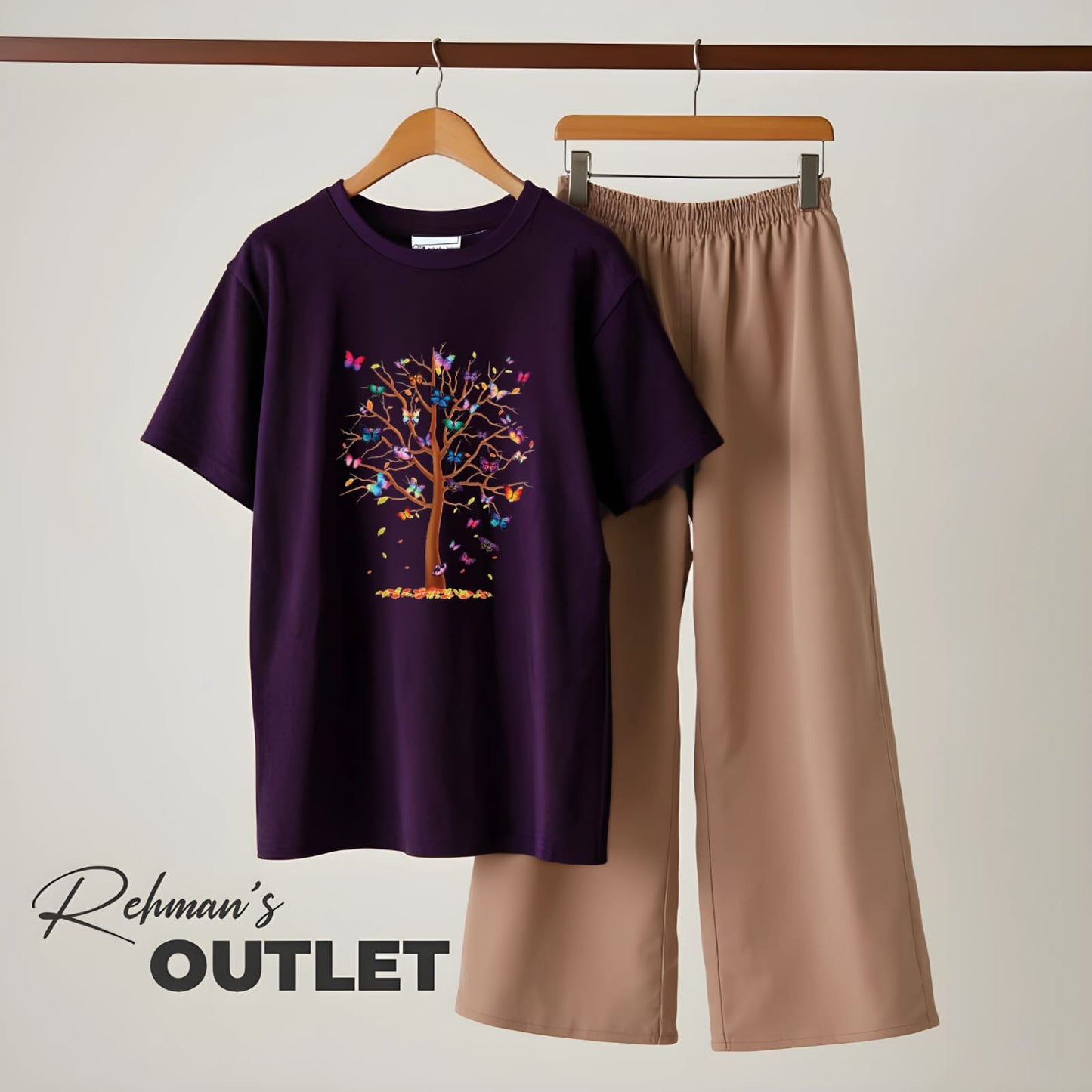 Purple tee with colourful tree skin flapper