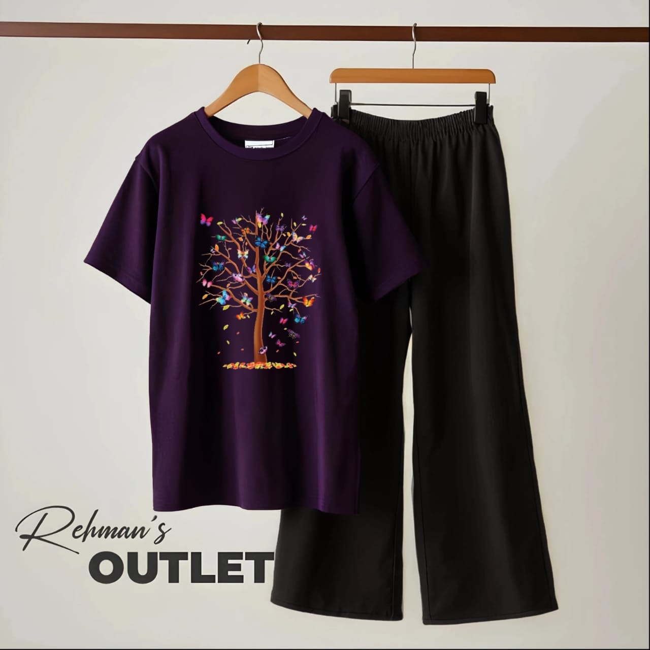 Purple tee with colourful tree black flapper