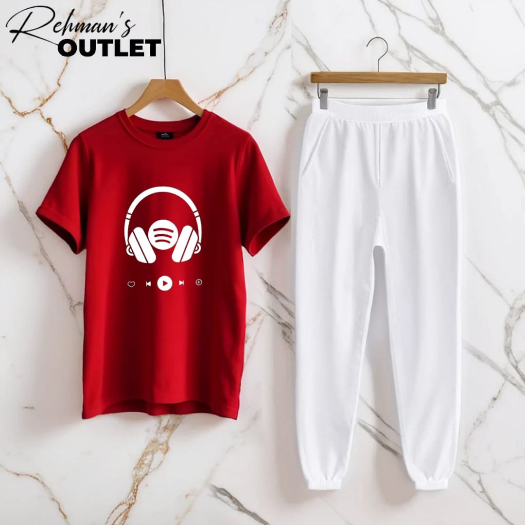 Red tee with headphones white trouser