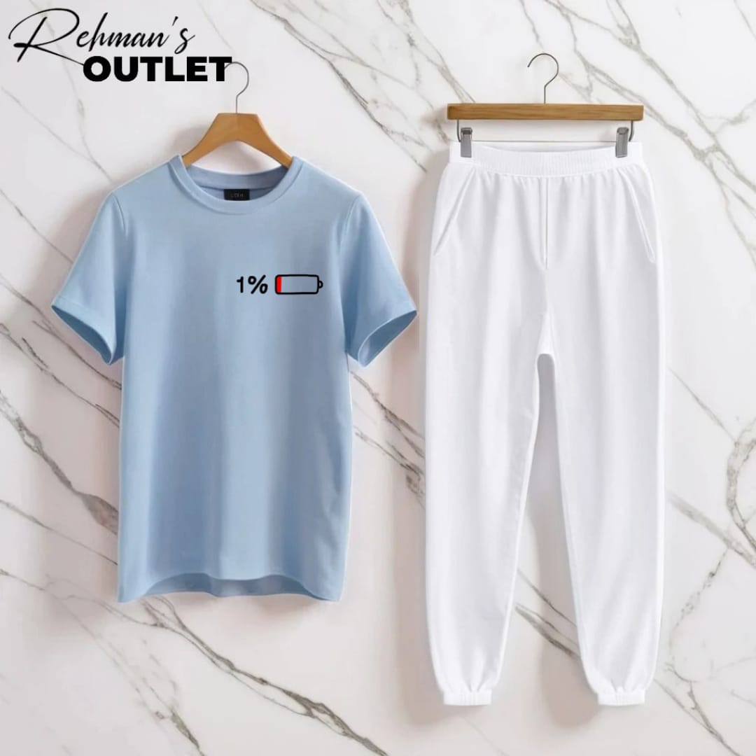 Sky blue tee with 1% battery white trouser