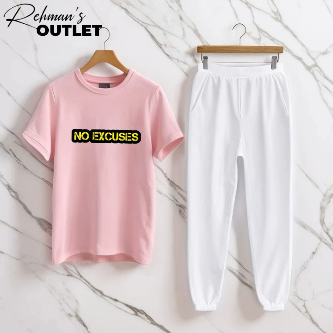 Pink tee with no excuses white trouser