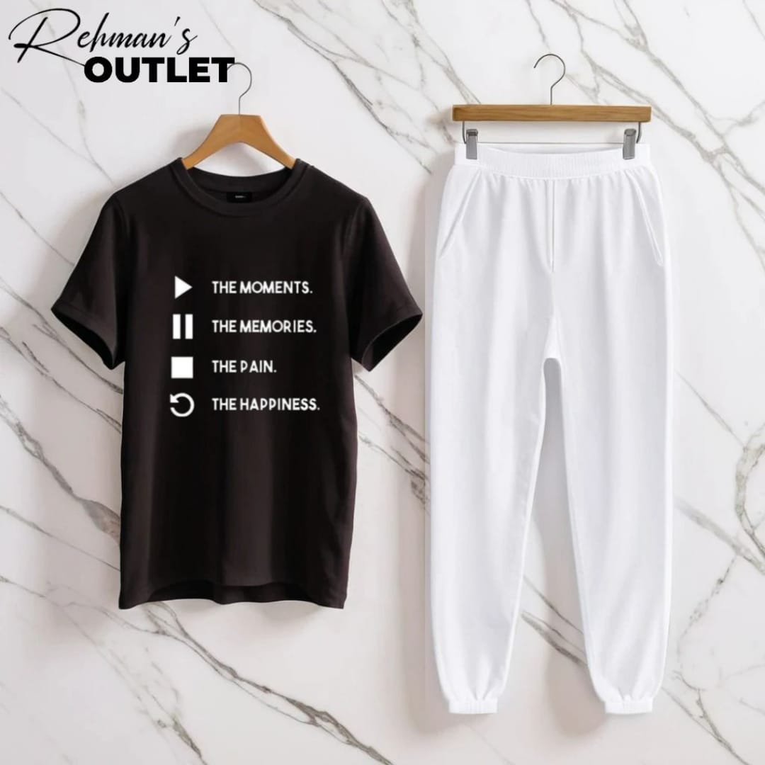 Black tee with moments.... white trouser