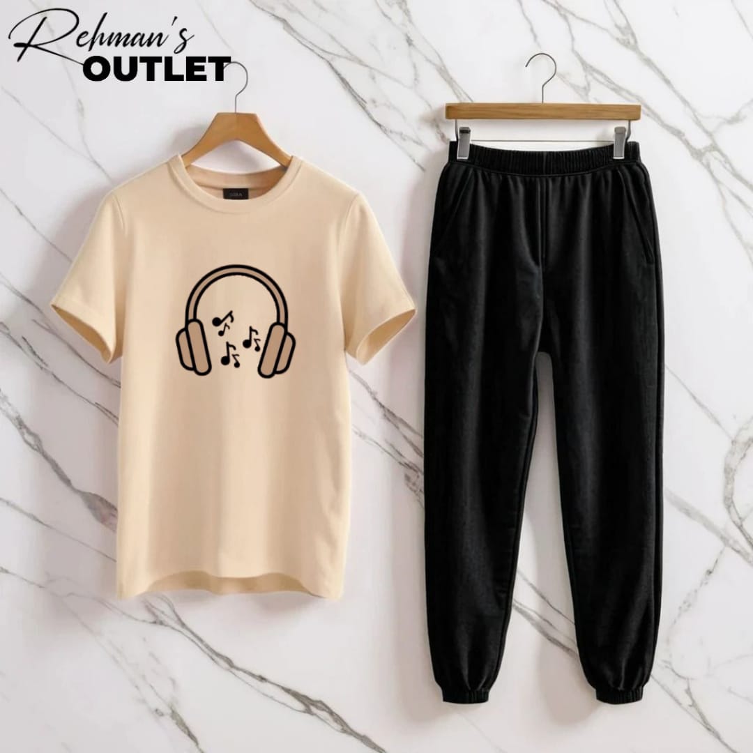 Cream tee with headphones music black trouser