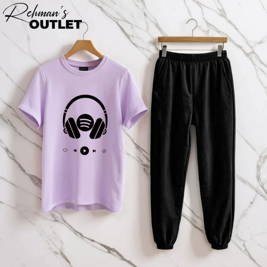 lilac tee with headphones black trouser