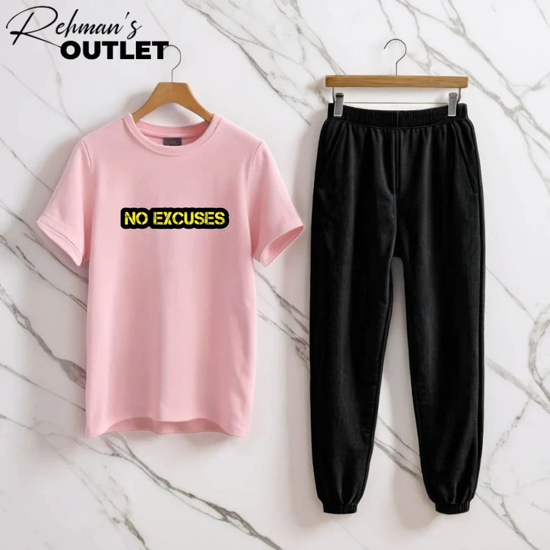 Pink tee with no excuses black trouser