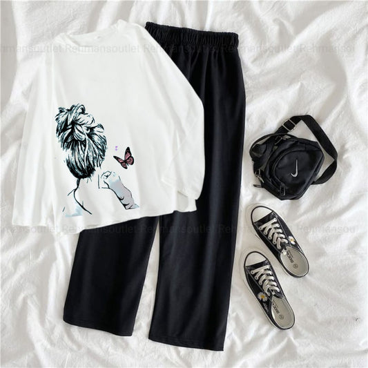 White full tee with girl hair fhn black flapper