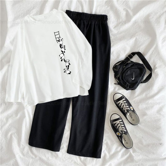 White full tee with bear stairs black flapper