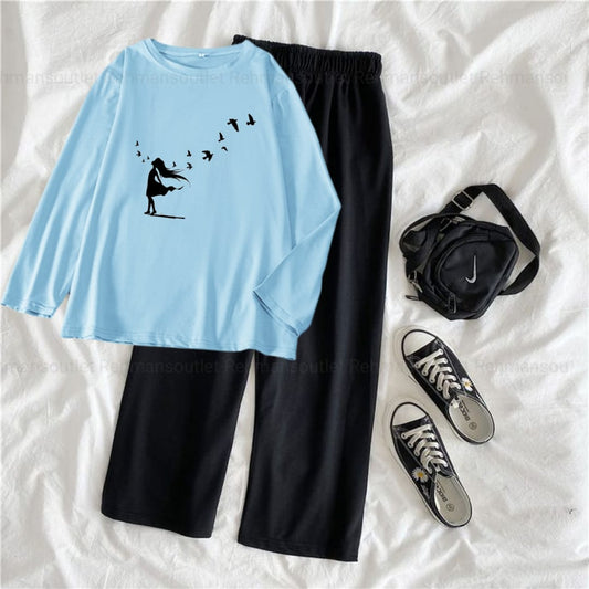 Sky blue full tee with girl hair black flapper