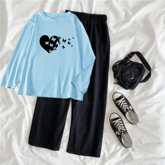 Sky blue full tee with heart butterfly round black flapper