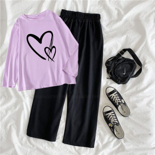lilac full tee with unfilled double heart ans black flapper