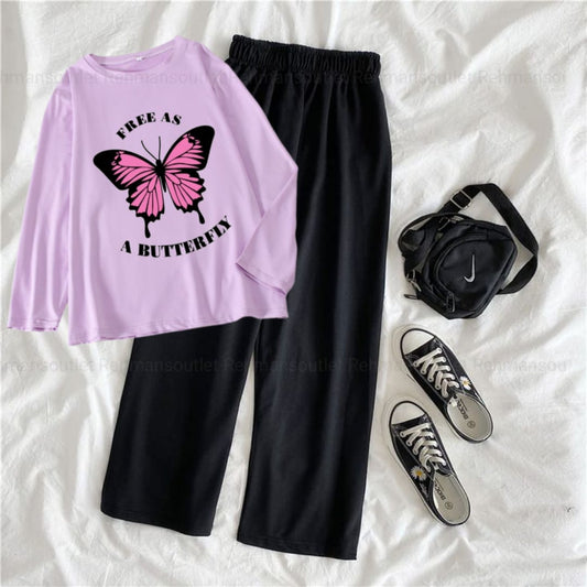 Lilac full tee with free as a butterfly Black flapper