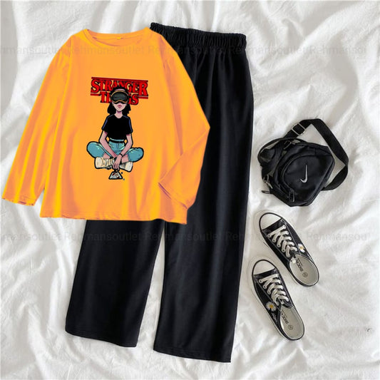 Yellow full tee with stranger things  black flapper