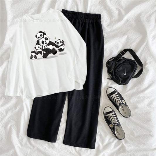 White full tee with panda family black flapper