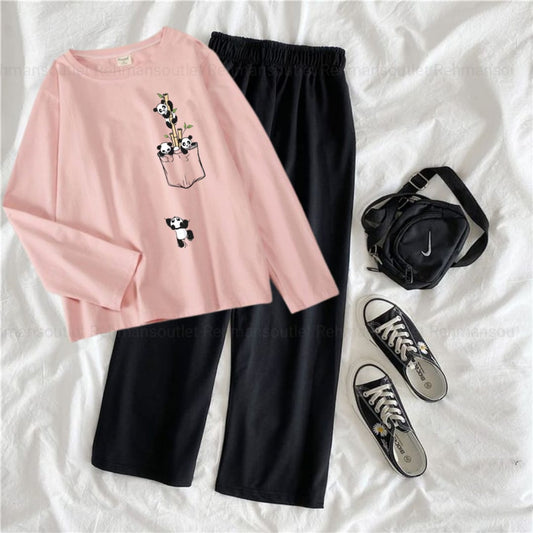 Pink full tee with panda falling from trees black flapper