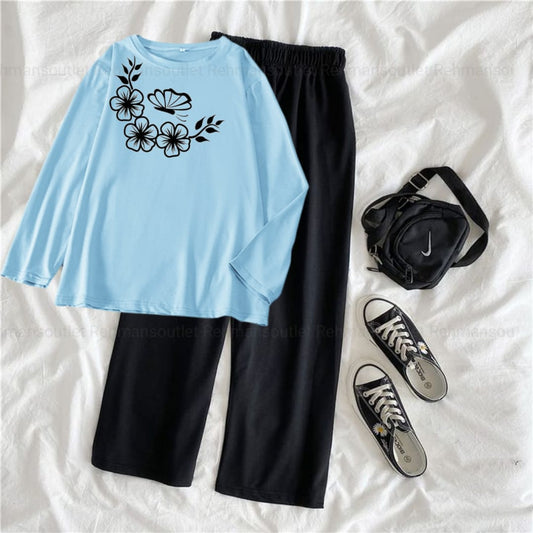 Sky blue full tee with shoulder flower butterfly black flapper