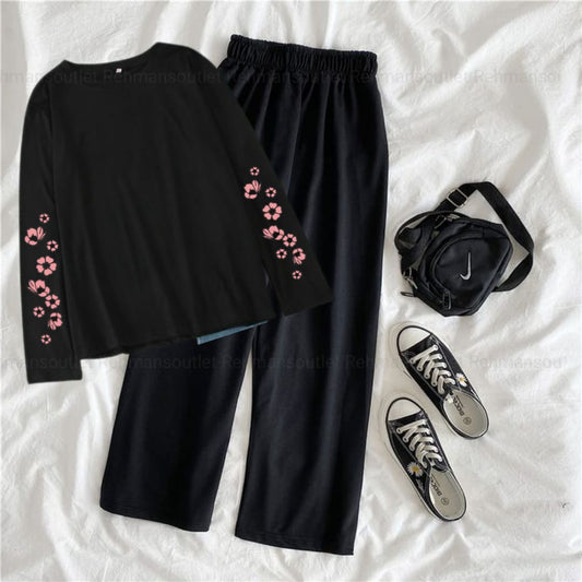 Black full tee with sleeves pink flower black flapper