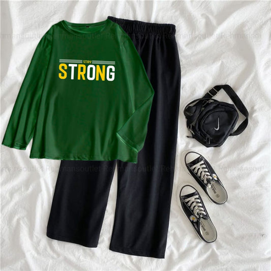 Green full tee with stay strong black flapper
