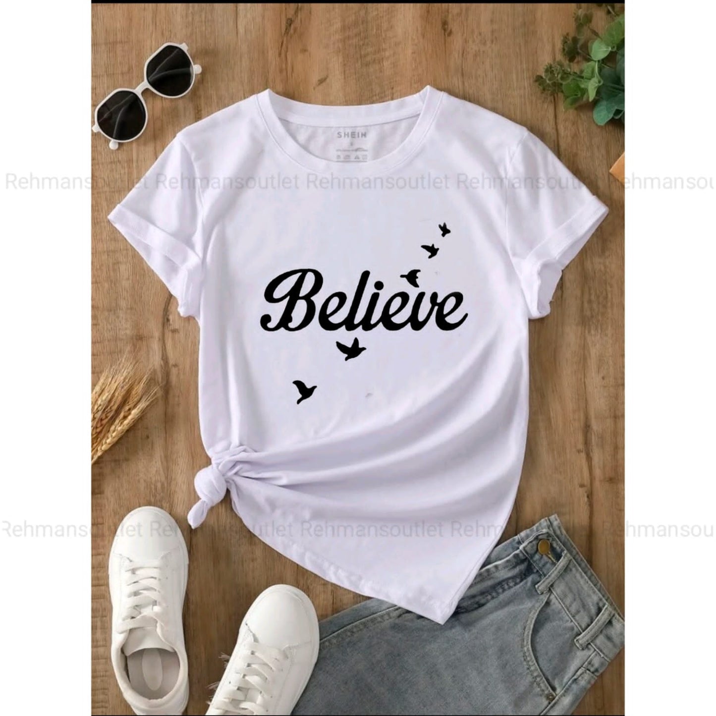 white tee with believe butterfly