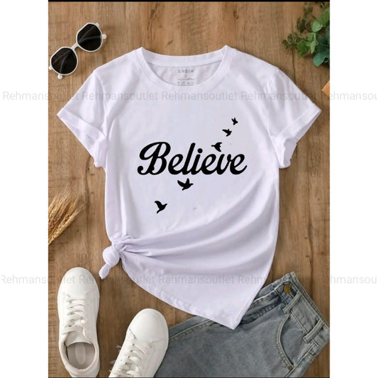 white tee with believe butterfly