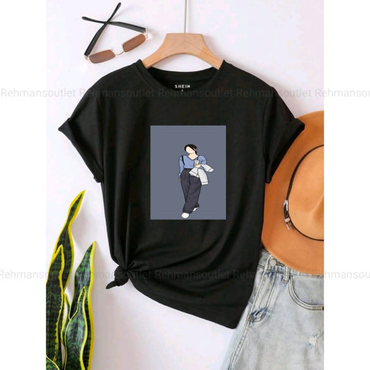 black tee with girl standing