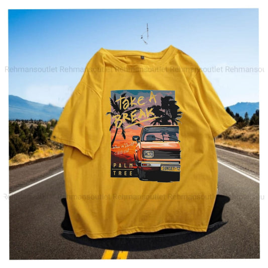 yellow drop shoulder tee with take a break car