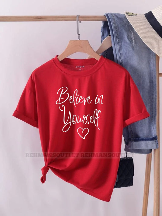 red tee with believe in yourself