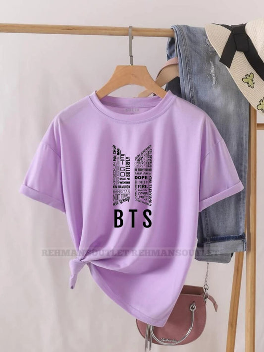 lilac tee with bts writing