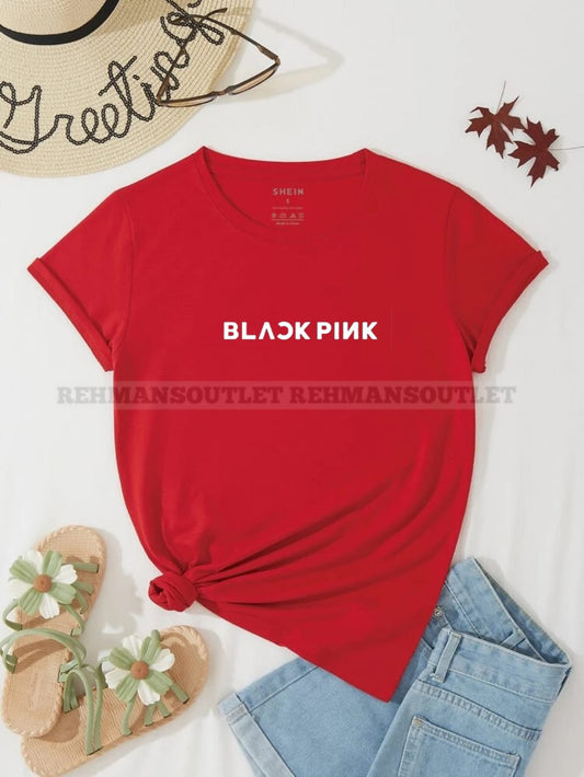 red tee with black pink