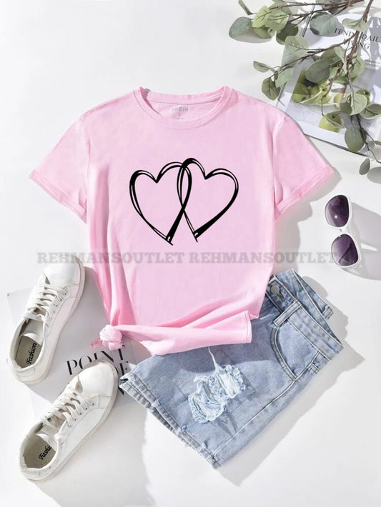 pink tee with unfilled double heart