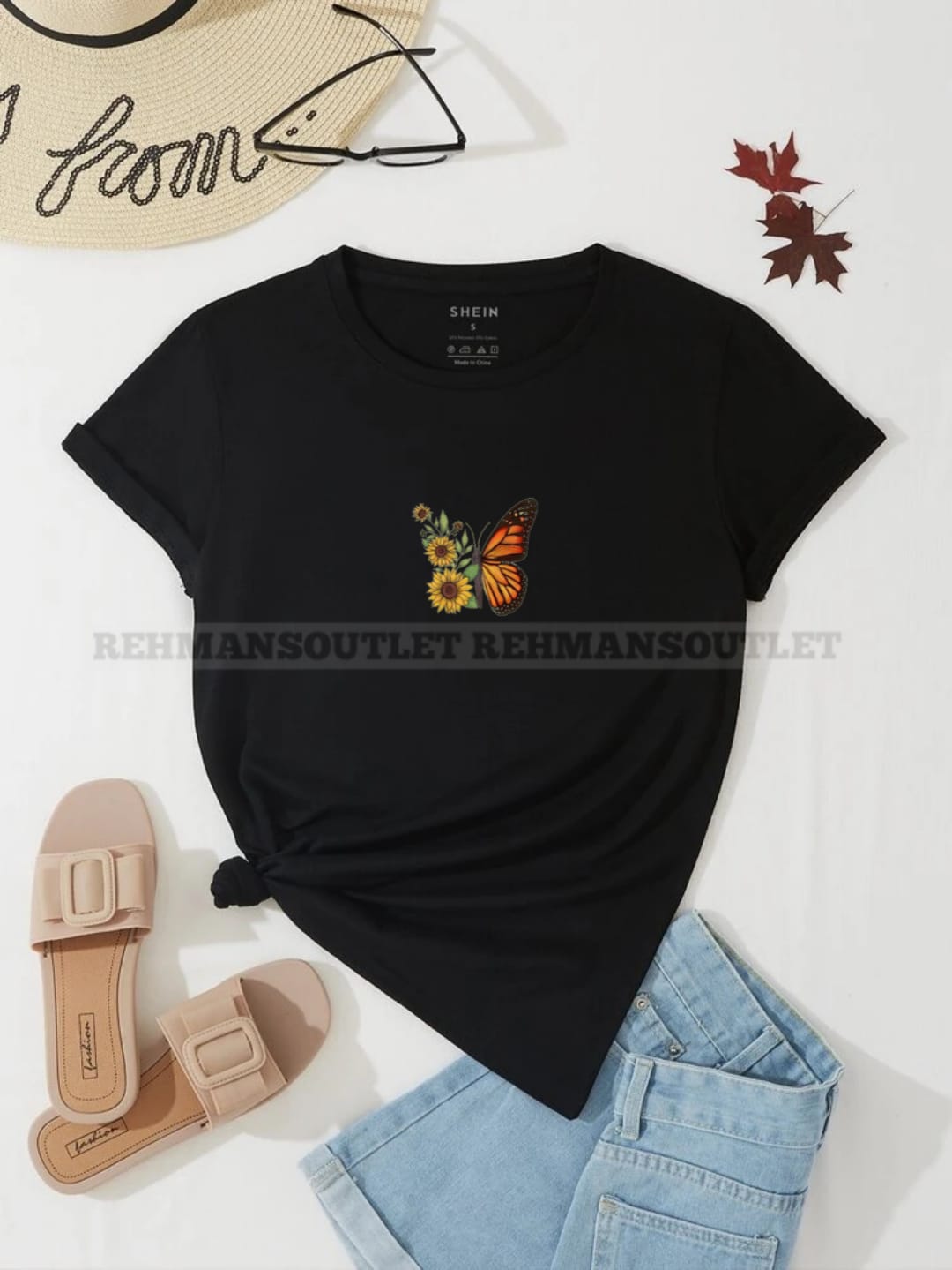black tee with sunflower butterfly