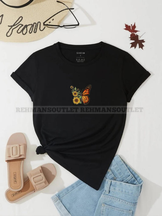 black tee with sunflower butterfly