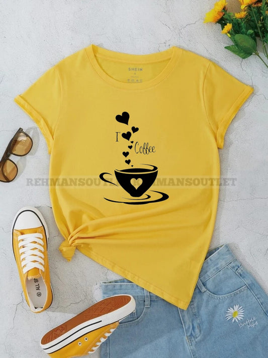 yellow tee with i love coffee